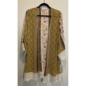 Rewind XXL‎ Sheer Golden Rod Floral Kimono Cardigan Crochet Trim Boho Beach NEW